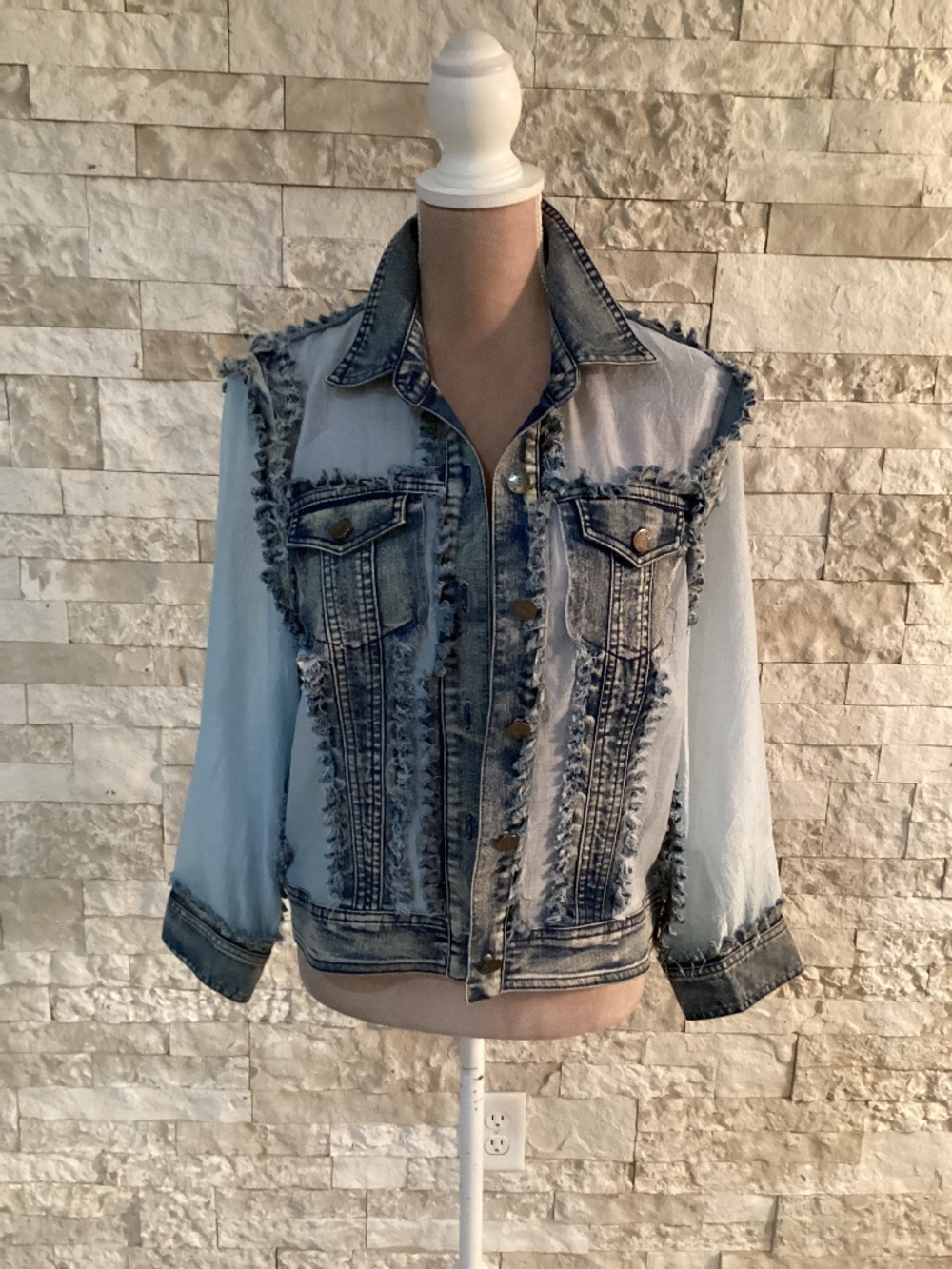 AZI Distressed Frayed Denim Sheer Jacket Blue Jean Light Wash Medium